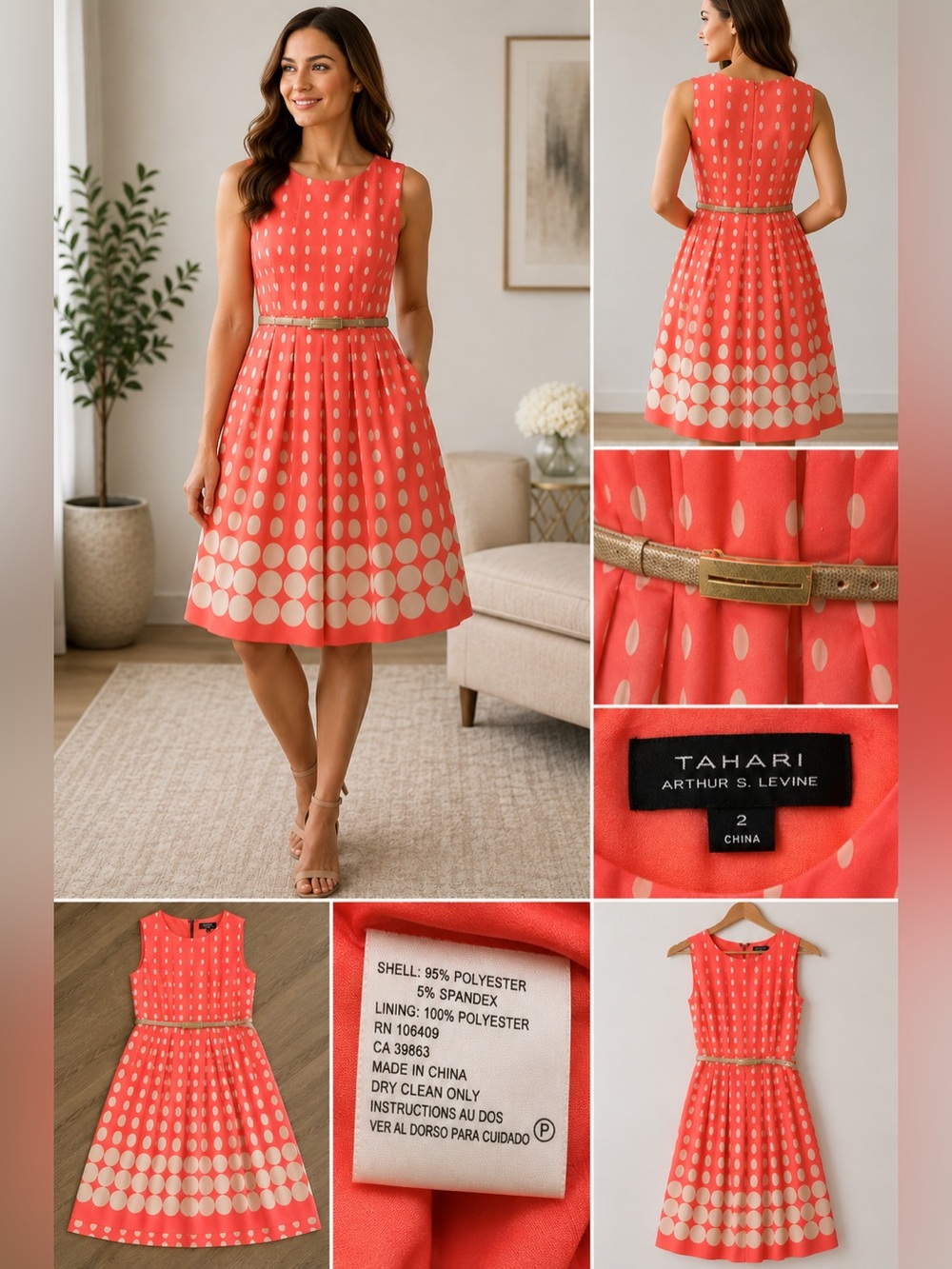 Tahari Arthur S Levine Dress Sz 2 Coral Ivory Polka Dot Belted Stretch